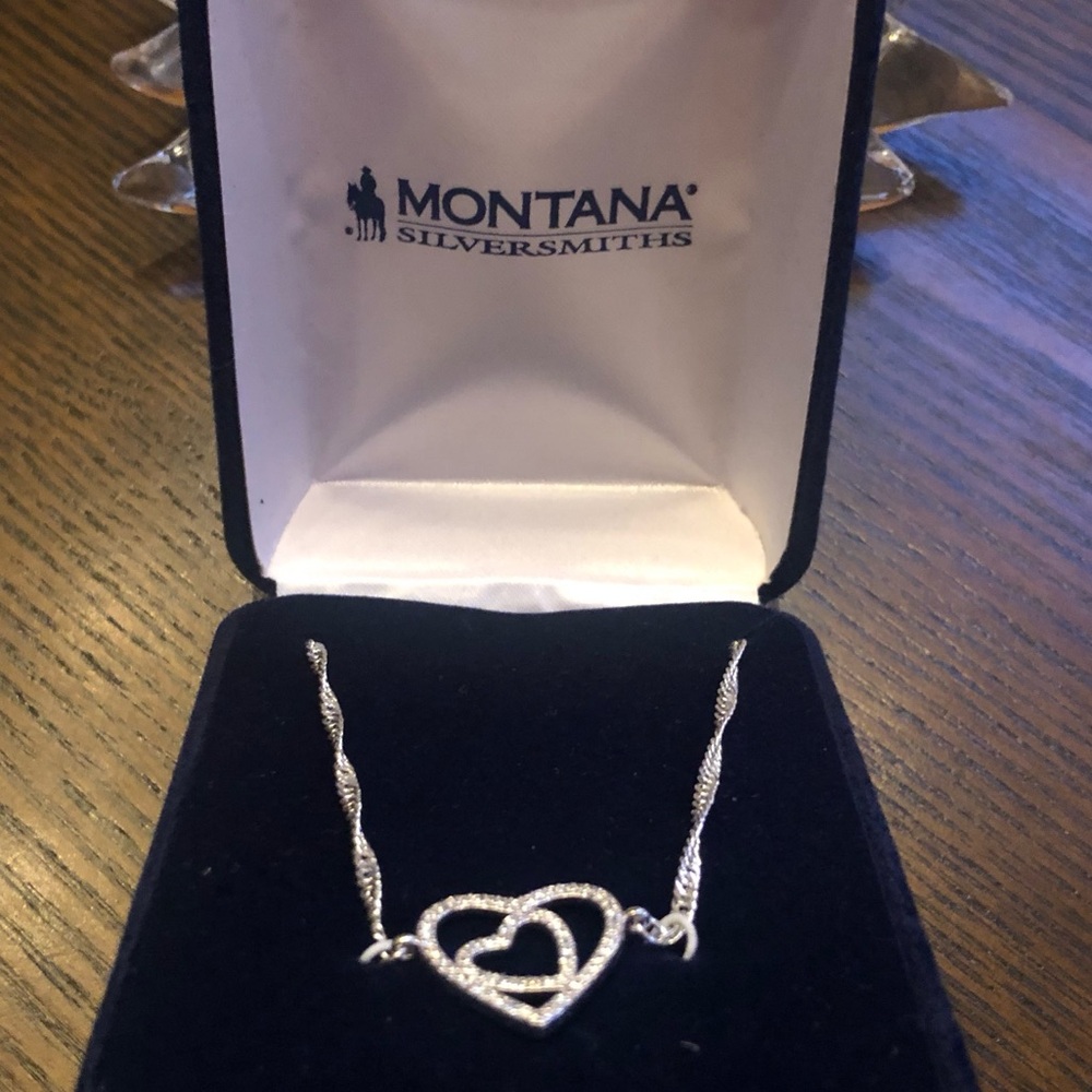 Montana Silversmiths Twisted Silver Double Hearts w/ Tiny Diamonds Necklace